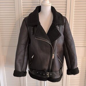 Double-Faced Jacket Women’s Black Faux Leather Bomber Biker Moto Size L
